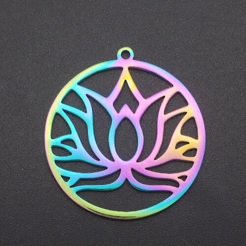 5pcs/lot 30mm 100% Stainless Steel Rainbow Round Lotus Earring Charm Wholesale Top Quality Necklace Making Pendants