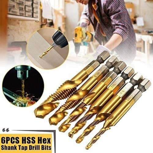 6Pcs M3-M10 1/4 Inch Hex Shank Tap Drill Bit Set HSS Thread Spiral Combination Drilling Tapping Chamfering Metal Tools Bits