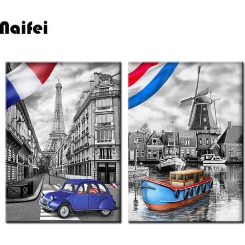 Diamond Painting With Square/round drill Netherlands windmill & Paris France scenery Diamond Embroidery Full Display Home Decor
