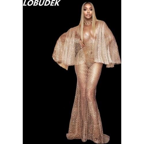 White Mesh Perspective Sequins Dress Models Catwalk Dresses Nightclub Prom Singer Dancer Host Stage Sexy See-through Long Dress