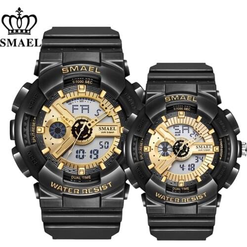 SMAEL Fashion Couple Sports Watch Men Women Luminous Waterproof Digital Quartz Watches Mens Auto Date Black Gold Wrist Watches