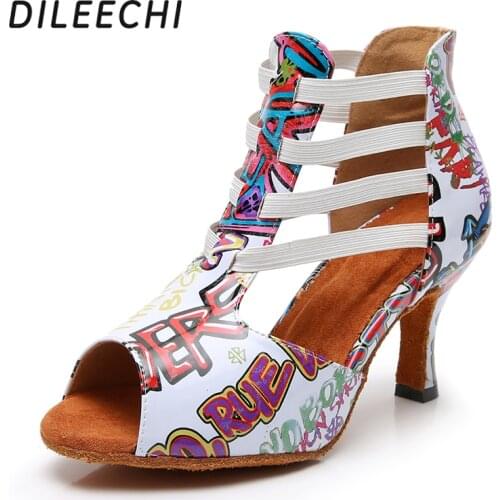 DILEECHI Latin dance shoes Multicolor pattern white PU party dance boots Women Ballroom dancing shoes adjust width heel 75mm