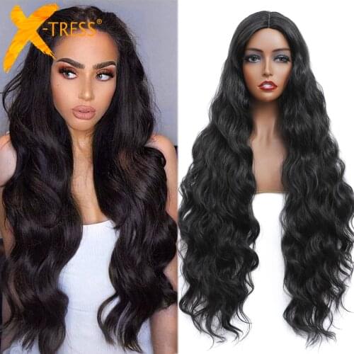 Long Wavy Synthetic Hair Lace Front Wigs For Black Women X-TRESS Dark Brown Color Heat Resistant Fiber Trendy Lace Wig Free Part