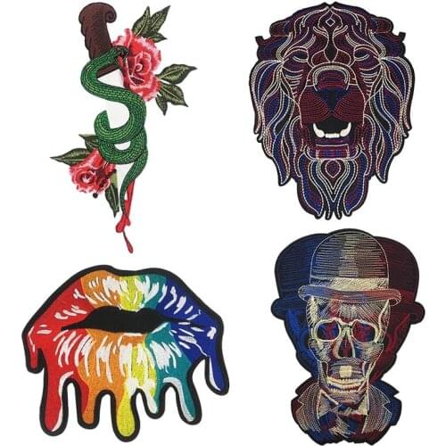 Hot sale! Fashion Large Flower snake Lion Mouth Skull Embroidered T-shirt Patches Behind Jackets Motorcycle Biker Clothes Patch