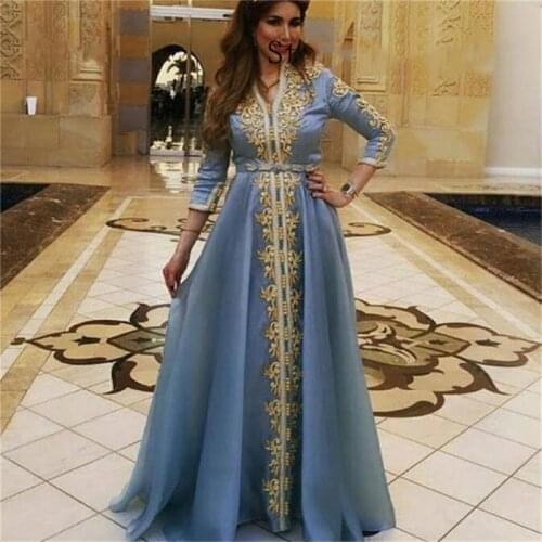 Golden Lace Appliques Moroccan Kaftan 2021 Evening Dressese 3/4 Long Sleeves Saudi Arabic Prom Gowns Muslim Chiffon Dress