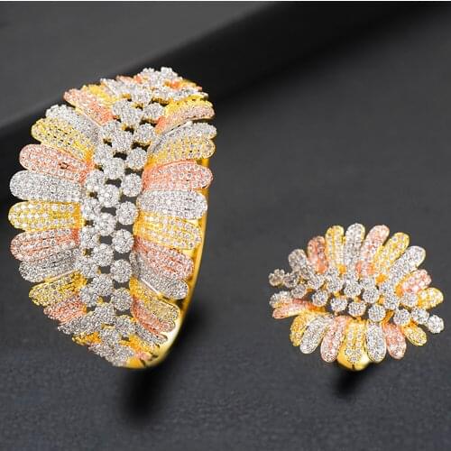 LARRAURI Luxury Cubic Zircon Crystal CZ Jewelry Sets For Women Wedding African Bridal Bangle Ring Set aretes de mujer modernos