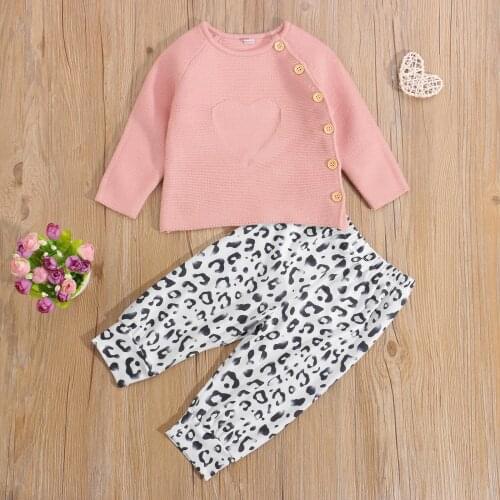 Baby Girls Cute Casual Clothes Set Love Heart Long Sleeve Round-neck Sweater+Elastic Waist Leopard Print Trousers