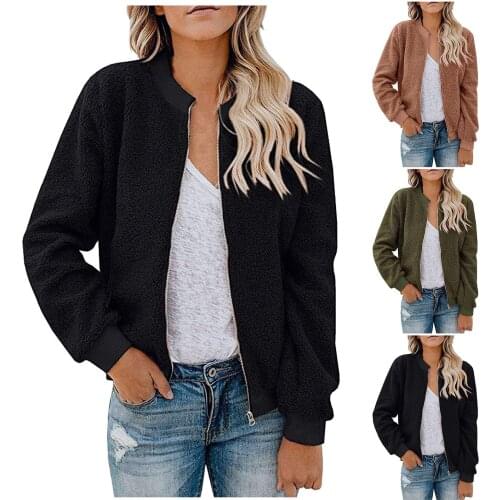 Fashion Womens Jacket Ladies Casual British Plush Warm Solid Color O-neck Zipper Jacket Coat Top 2021 Plus Size veste femme