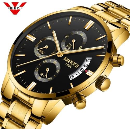 NIBOSI Men Watch Chronograph Sport Mens Watches Top Brand Luxury Waterproof Full Steel Quartz Gold Clock Men Relogio Masculino
