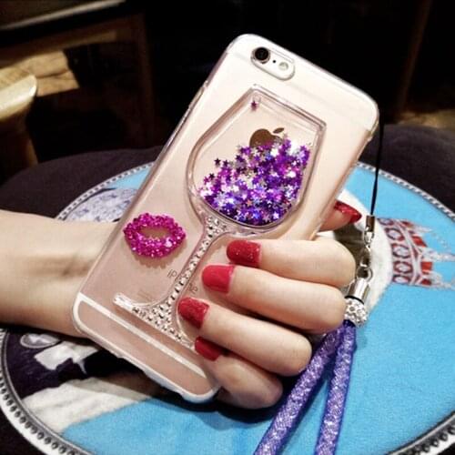 Popular rhinestone lip liquid wine cup soft case For Samsung galaxy j2 j4 j5 j6 j7 J8 a5 a6 a7 a8 2017 2018 prime plus pro