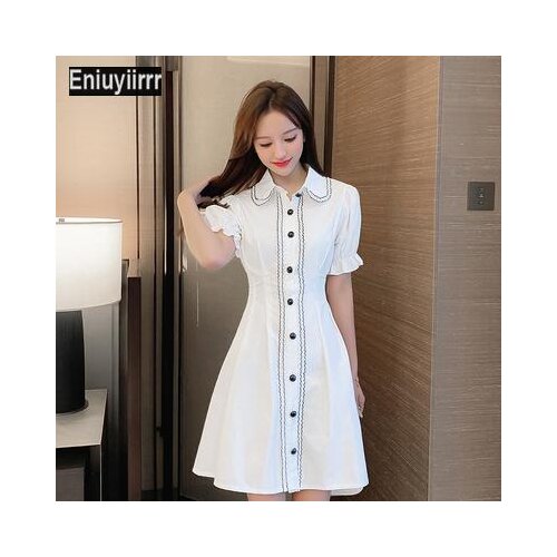 Mini Shirt Dress Women Summer Casual Sexy Solid Elegant Vintage Peter Pan Collar Short White Dresses