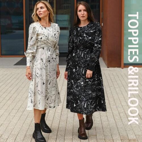 Toppies 2021 Long Dress for Women O Neck Long Sleeve Fashion Print Chic Belt zipper Loose Midi Dress Vestidos
