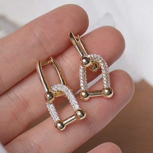 Creative simple design lock double square earrings 14K real gold exquisite copper inlaid zircon women earrings