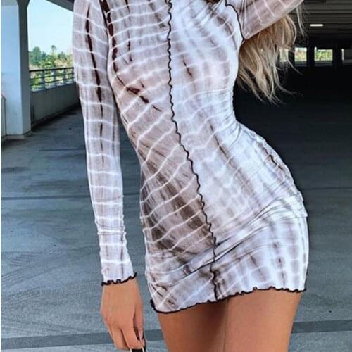 BacklakeGirls Vintage Round Neck Long Sleeve Bodycon Dress Print Women Elastic Waist Short Cocktail Dress Vestido Fiesta Mujer