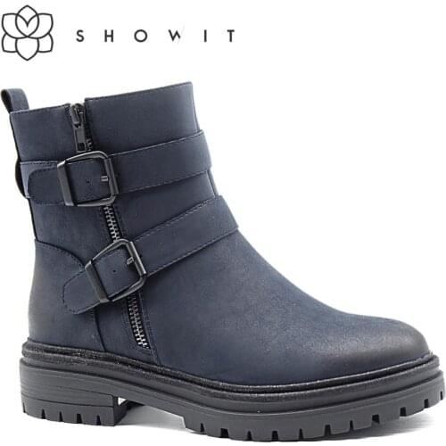 Females Buckle style with low flatform low heel Ankle Classic Boots With Round Toe Comfort double strape and zipper style shoes