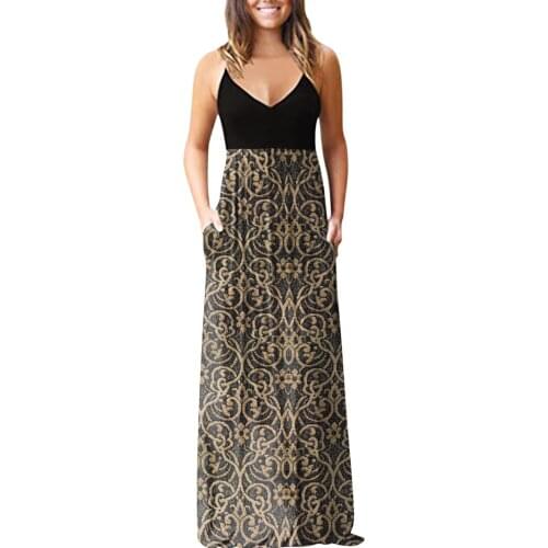 Платье Летнее Womens Casual Loose Floral Print Beach Long Maxi Dress With Pocket Sexy Sleeveless Spaghetti Strap Party Dresses
