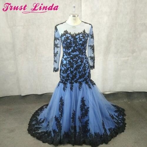 Elegant Jewel Neck Blue Mermaid Mother Dresses Sexy See Through Black Appliques Real Simple Prom Gowns Formal Party Dress