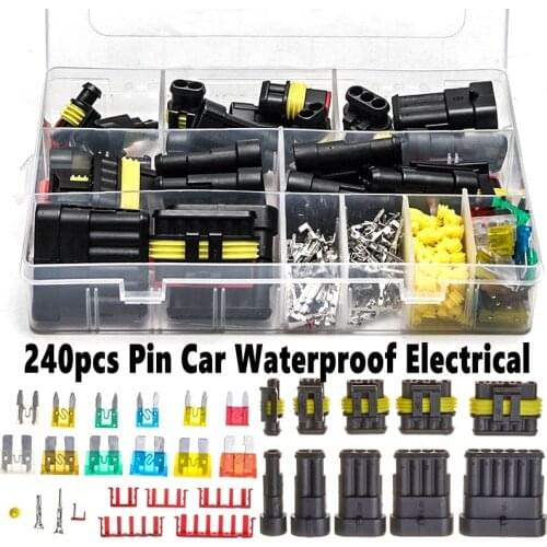 240PCS 1/2/3/4/5/6 Pins Car Waterproof Electrical Terminals Wire Connectors Plug + Female/Male Crimp Terminals + Auto Fuses