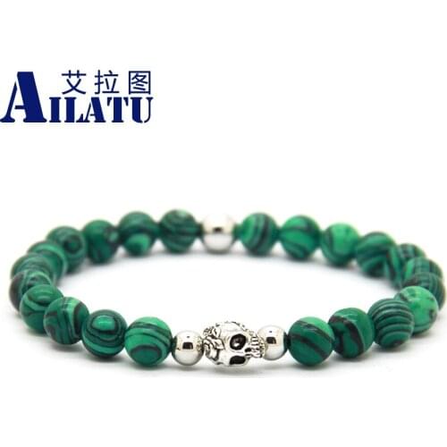 Ailatu New Beaded Jewelry Wholesale 8mm Malachite Stone Beads Antique Silver Color Skull Yoga Bracelet