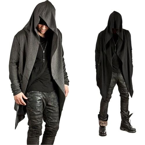 Free shipping hooded mens fashion long irregular loose coat Halloween carnival cosplay casual cardigan coat black gray