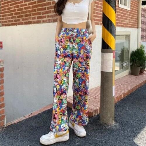 Cartoon Print Pants for Women Fashion Chic Trousers Teens Female Sports Pants Cyber Y2k Oversized Pants 2000s Joggers 3XL-6XL