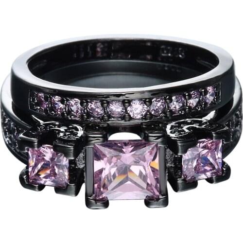 Hainon Elegant Pink Zircon Ring Jewelry Black Gold/Silver Color Engagement Wedding Ring Set for Women Fashion Crystal Jewelry