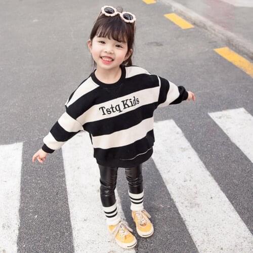 Classic Cotton Clothes Set Hot Selling Comfortable Printing Simplicity Autumn Stripe Letter Kid Girl Round Neck Jumper Trousers