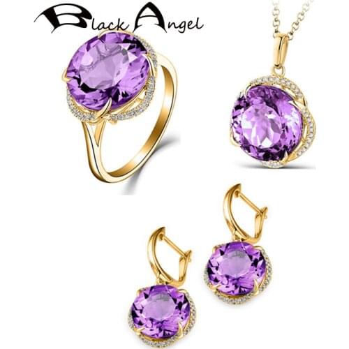 BLACK ANGEL Luxury Elegant Amethyst Gemstone Wedding Clip Earrings Necklace Adjustable Ring For Women 2020 New Jewelry Set Gift