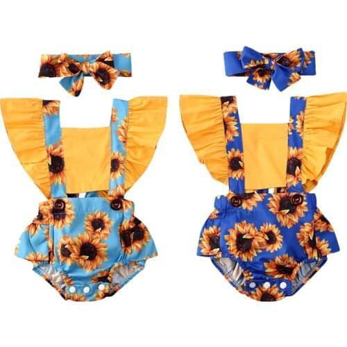 0-24M Infant Baby Girl Bodysuits Headband Sunflower Print Ruffle Short Sleeve Romper Jumpsuit 2PCS Outfits Clothes Summer