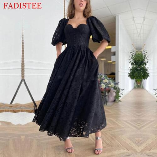 New Style Lace Puff Sleeves V-neck Prom Dress A Line Split Evening Gowns With Pockets Robe De Soirée De Mariage