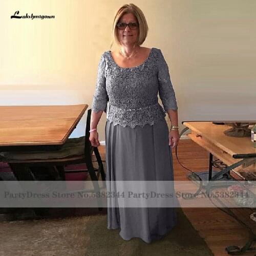 Lakshmigown Plus Size Grey Chiffon Long Mother Of The Bride Dresses 3/4 Lace Sleeves 2020 Vestidos de Noite Elegant Women Dress