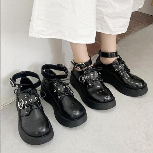 Cute Gothic Lolita Flat Platform Shoes Women Girl Wedge Heels Round Toe Shoes Heart Monk Straps Ankle-strap Flatform Shoes