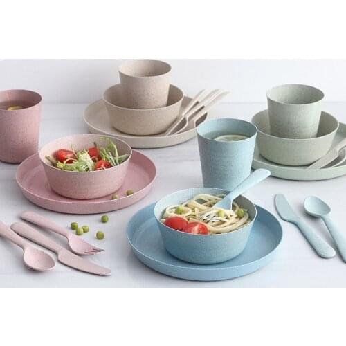 Full Tableware Service Wheat Straw Dinner Plate Set Student Breakfast Plate Home Bowl Spoon Cutlery Six-piece Suit Dish Meal