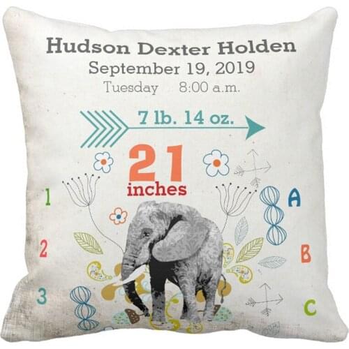 Custom Boy Nursery Baby Birth Stat Elephant Arrow Pattern Throw Pillow Cover Polyester Cotton Cushion Cover Home Decorative Gift