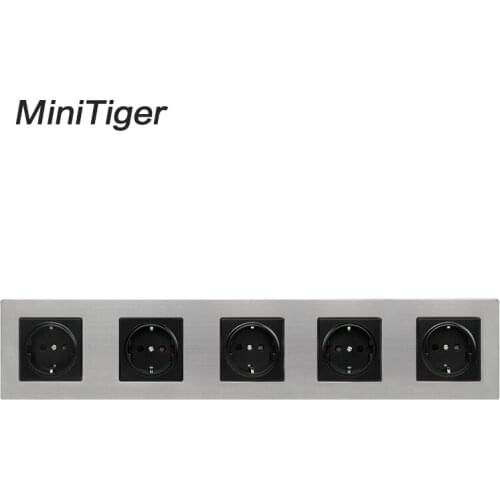 Minitiger Stainless Steel Panel 5 Gang Wall Socket 16A EU Russia Spain Electrical Outlet Silver Black Child Protective Door