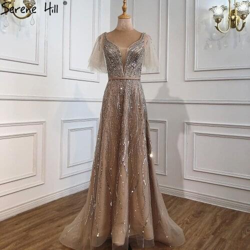 Serene Hill Gold Luxury A-Line Evening Dresses Gowns 2021 Beadings Short Flare Sleeves For Women Party LA70824