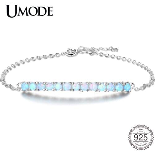 UMODE 925 Sterling Silver 3mm Blue Opal Charm Bracelets for Women Adjustable Long Link Chain Round Small Opal Jewelry ALB0143