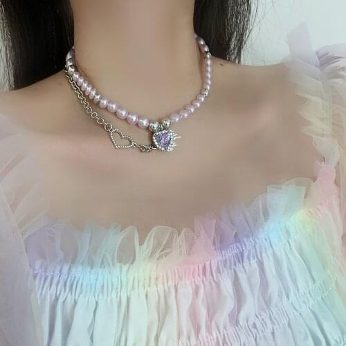 Y2K Fashion Jewelry Heart Crystal Necklace for Women Metal Vintage Charms Imitation Pearls Choker Necklace Jewelry 90s Gifts New
