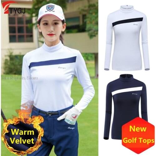 WomenS Golf T-Shirt Autumn Winter Golf Apparel Ladies Velvet Warm Polo-Shirt Patchwork Slim Tops Long Sleeve Thick Sweater