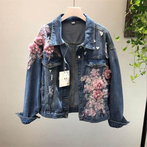 2019 Women Jacket Coat Flower Patch Long Sleeve Fashion Women Top Ripped Denim Jacket Top Quality Women Coat