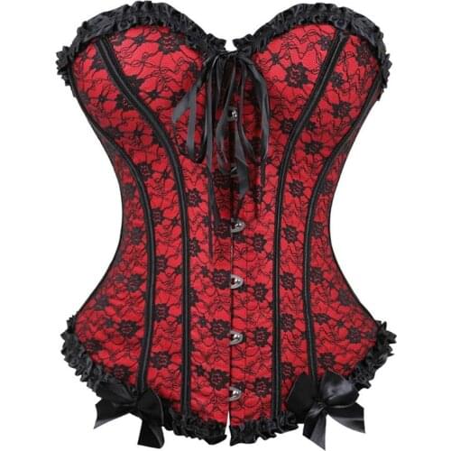 Women Corset Bustier Top Sexy Lingerie Floral Bow Corselet Vintage Espartilho Femme Plus Size Burlesque Costume Basque Red Blue