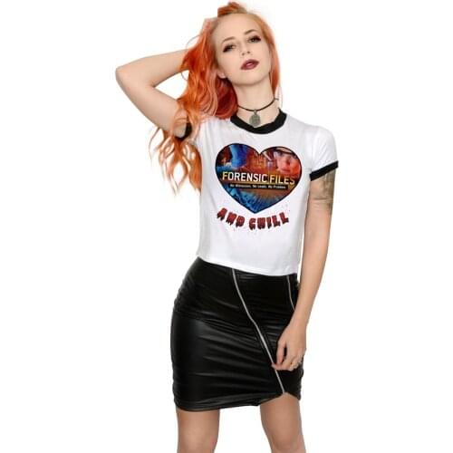 2021 Summer Women Sexy Black White Crop Top T-Shirt CROW FORENSIC FILES AND CHILL Horror Bloodstain Print Tshirts Girl Tees