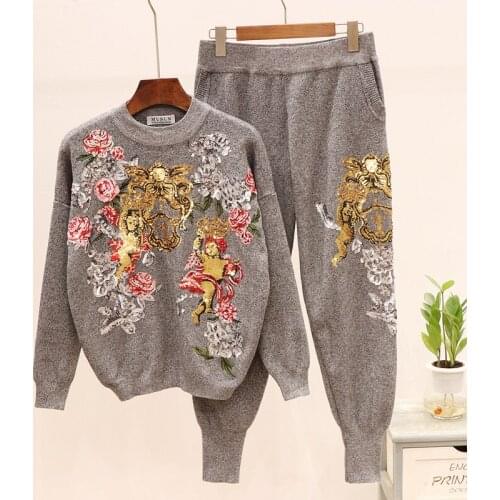 Sequins Flower Set Women Long sleeve Knitted Sweater Pencil Pants Suit Outfits Autumn Pullover Tops Knitting Trousers 2pc Female