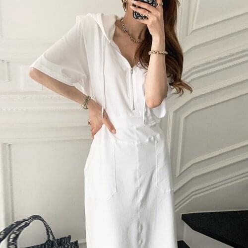 Women Dress 2021 Summer Korea Chic Simple Temperament Hooded Big Pocket Zipper Design High Waist Slim Split Long Vestido