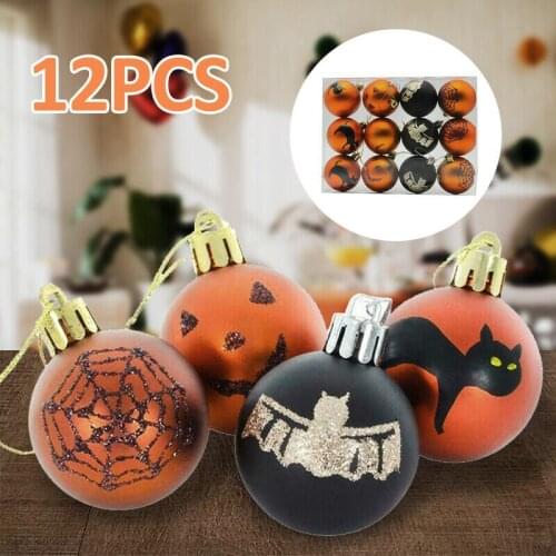 12Pcs 6CM Halloween Plastic Balls Painted Matte Bat Black Cat Pumpkin Ball for Home Party Decorations Pendants Supplies
