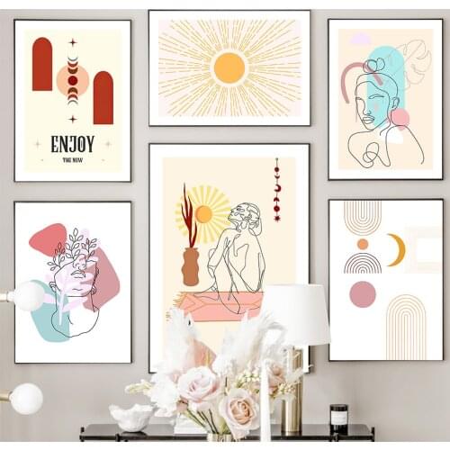 Abstract Girl Monstera Sun Wall Art Canvas Painting Nordic Posters And Prints Minimalist Wall Pictures For Living Room Decor