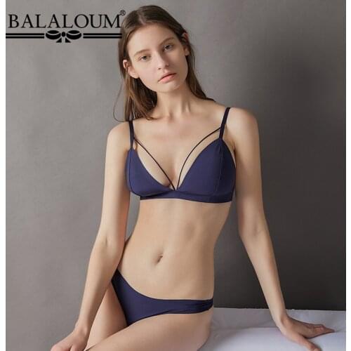 Balaloum Women Bralette Bra Bustier Set Lingerie Plunge Bra&Thongs Seamless Triangle Wire Free Ultra Thin Underwear With T Pants