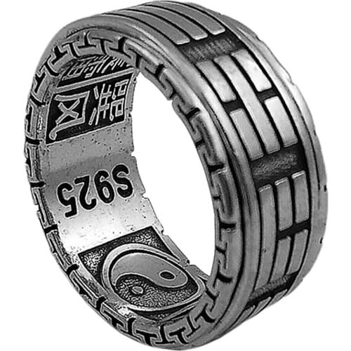 BOCAI New Solide s925 pure silver man ring Thai silver retro turning Tai Chi gossip ring for men and women