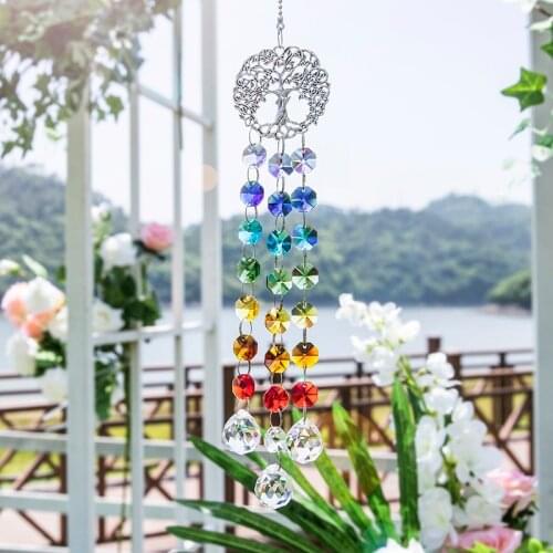 H&D Chakra Hanging Crystal Prisms Suncatcher Glass Beads Pendant With Metal Tree of Life Charm Ornament for Window Garden Decor