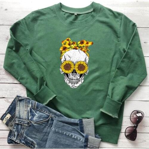 Colored Sunflower Skull Sweatshirt Trendy Tired Mom Life Gift Pullovers High Quality Women Graphic Jumper Sweatshirts Femme